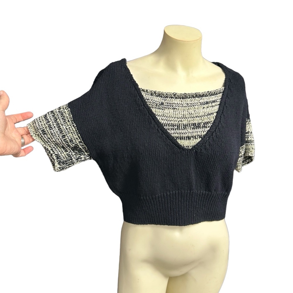 $138 Callahan knitwear XS cropped short sleeve sweater black gray moss green new